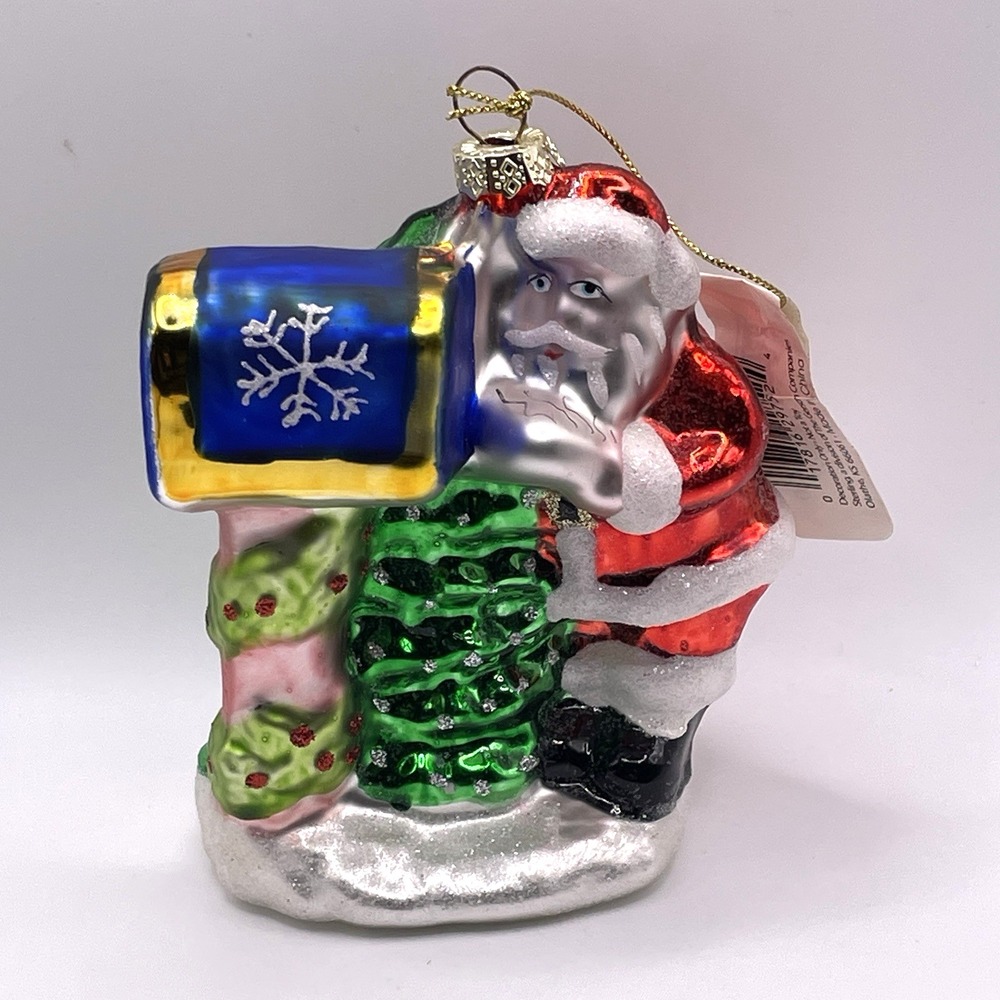 Santa Claus By Mailbox Glass‎ Glitter Christmas Ornament Sterling NEW